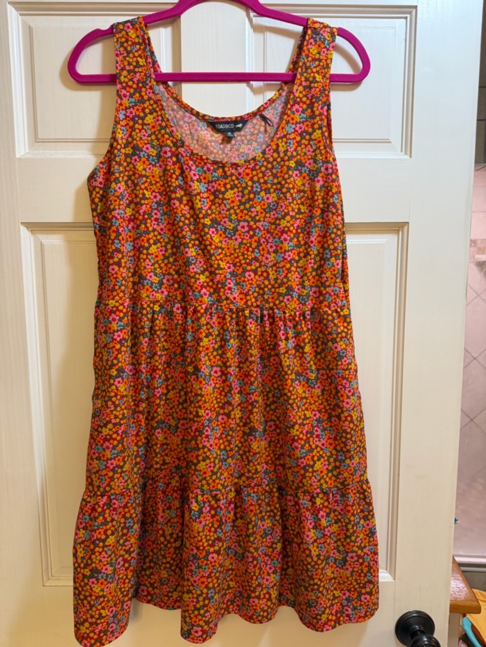 Toad&Co Orange Floral Tiered Sundress with Pink and Blue Blooms
